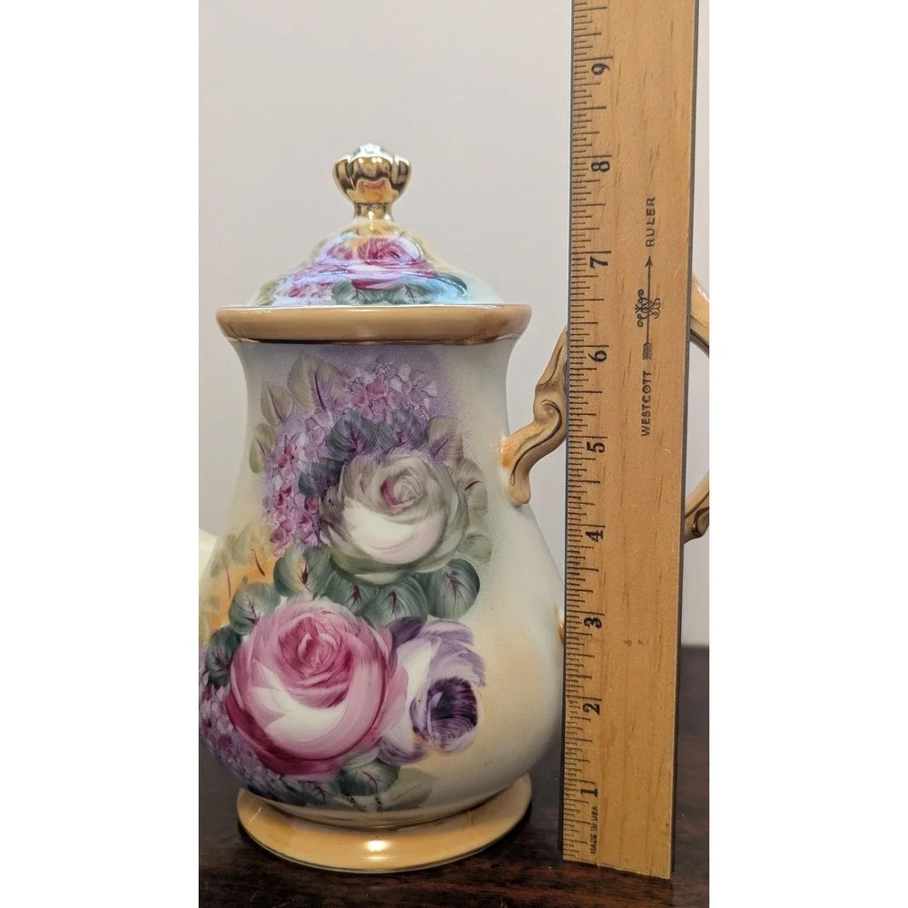 Vintage Rose Porcelain Tea Set Teapot Sugar Bowl Cups Cottagecore Floral Gold